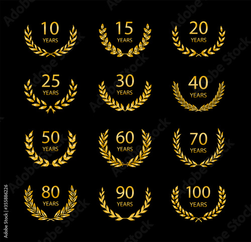 Set of anniversary laurel wreaths. Gold anniversary symbols isolated on black background. 10, 15, 20, 25, 30,40,50,60,70,80,90, 100 years. Template for award and congratulation design. Vector illustra