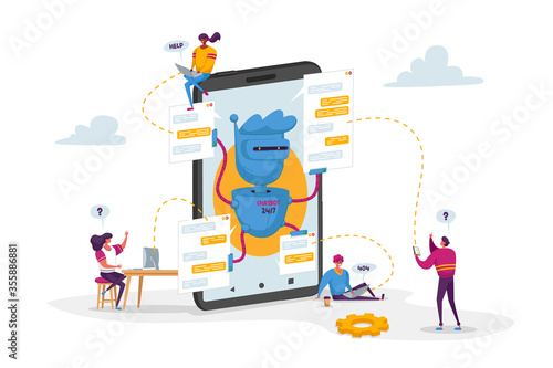 Tiny Characters around Huge Mobile with Robot Assistant. Artificial Intelligence in Human Life. Chatbot Help Clients Online Answer Questions, Ai Cyborgs Faq Service. Cartoon People Vector Illustration