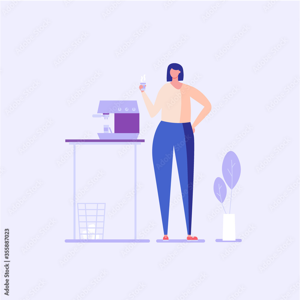 Fototapeta premium Woman standing at desk with coffee machine and drinking coffee. Coffee break and lunch time in office. Concept of work break, rest, corporate lifestyle, workplace for web or mobile app