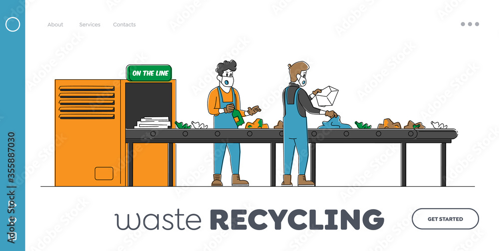 Garbage Manufacturing and Eco Protection Landing Page Template. Wastes Recycling Technological Process. Workers Characters Select and Sort Litter at Factory Conveyor. Linear People Vector Illustration