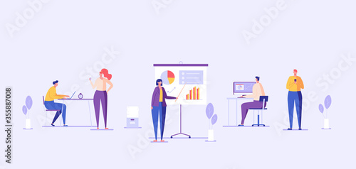 Office panorama with interior flat illustration. Business team working together. Workers sitting at desks and talking to each other. Concept of corporate lifestyle, workplace for web design.