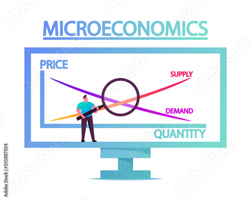Tiny Male Character Stand with Magnifying Glass at Huge Computer Screen with Microeconomics Graph Contain Price, Quantity, Supply and Demand Scales. Economy Studying. Cartoon Vector Illustration