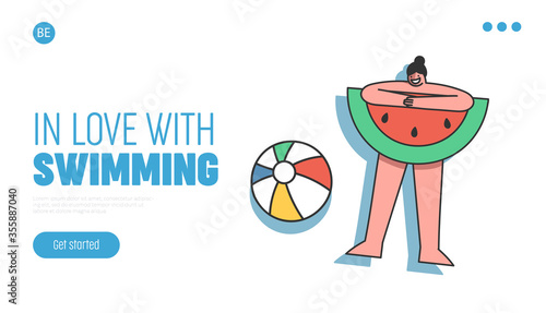 Landing page with cartoon girl in swimming pool sunbathing on inflatable mattress