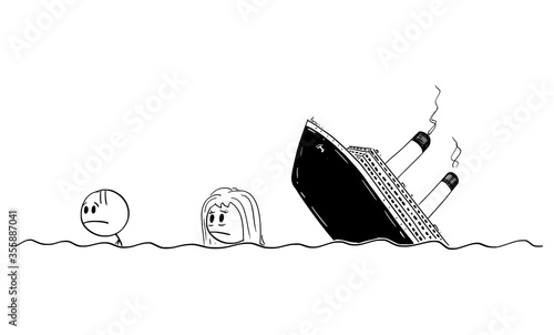 Vector cartoon stick figure drawing conceptual illustration of man and woman or survivors swimming in water, sea or ocean from wrecked ship or shipwreck. You can add your text.