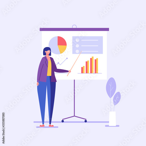 Woman analyzing data on a chart. Business analysis. Concept of big data, analysis process, business presentation and financial research. Vector illustration in flat design for UI, banner, mobile app