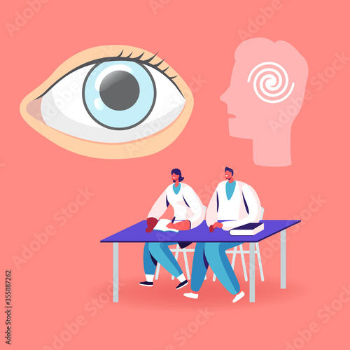 Couple of Male and Female Medic Students Characters Sitting at Desk Learning Hypnosis. Huge Human Eye and Head with Spiral. Psychology Medicine, Consciousness. Cartoon People Vector Illustration