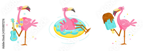 Set of Pink Flamingo Play Ukulele, Float Inflatable Ring and Eating Ice Cream. Cartoon Character Summer Vacation. Kawaii Personage Activity and Spare Time. Cute Bird T-shirt Print. Vector Illustration
