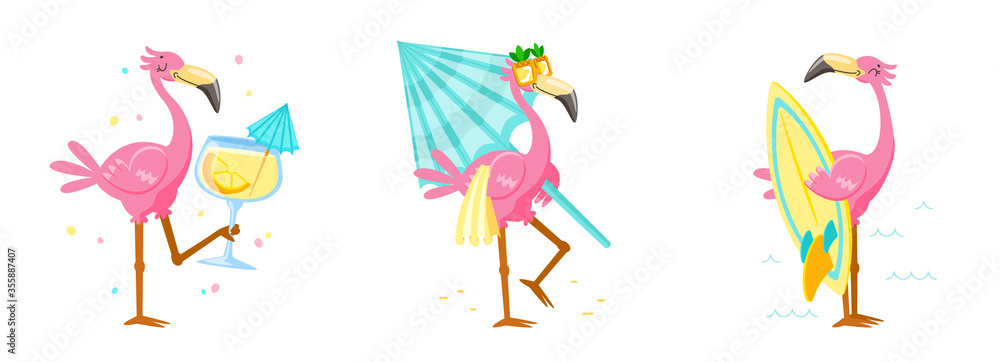 Set Cute Pink Flamingo Drink Cocktail, Carry Umbrella and Surf Board. Cartoon Character Summer Vacation. Kawaii Personage Summertime Activity and Spare Time. T-shirt Print, Label. Vector Illustration