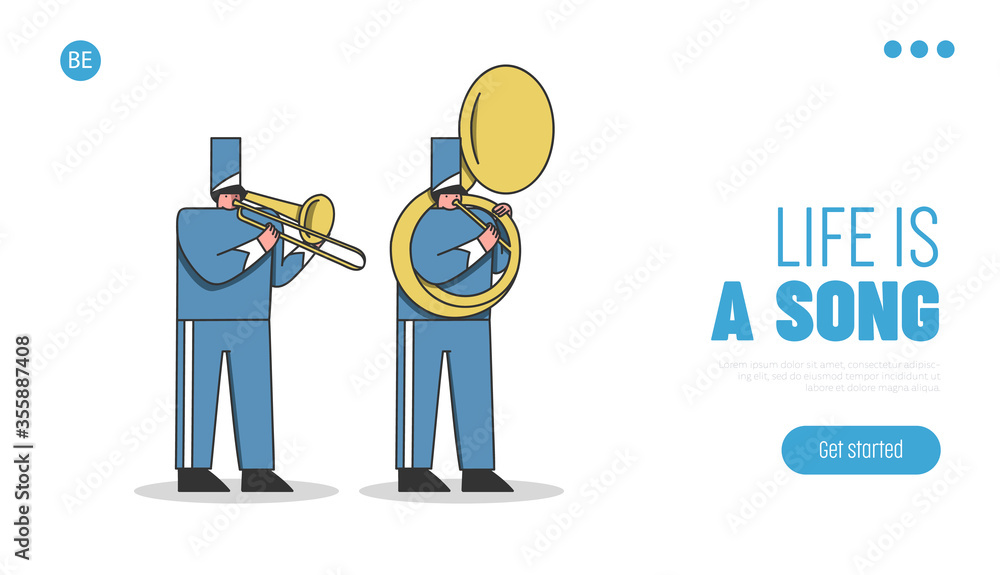 Marching band landing page. Military orchestra musicians in festival uniform performing Marching band landing page. Military orchestra musicians in festival uniform performing