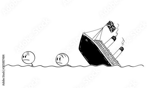 Vector cartoon stick figure drawing conceptual illustration of two men or survivors swimming in water, sea or ocean from wrecked United Kingdom or UK economy ship or shipwreck.You can add your text.