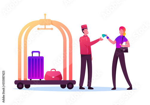 Tourist Female Character Giving Tips to Doorman in Uniform Deliver her Luggage in Room. Hospitality Service, Hostess. Woman Gratitude Hotel Staff for Good Work. Cartoon People Vector Illustration