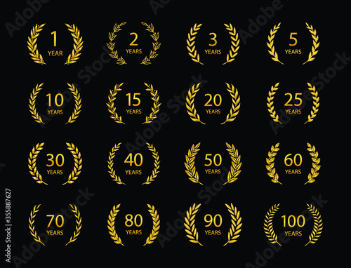 Set of anniversary laurel wreaths. Golden anniversary symbols on black background. 1,2,3,5,10,15,20,25, 30,40,50,60,70,80,90,100 years.Template for award and congratulation design Vector illustration