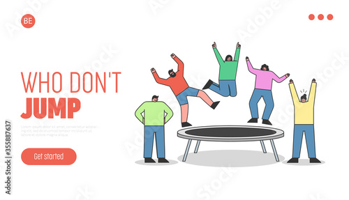 Landing page with people jumping on trampoline. Young cartoon characters having fun on trampoline