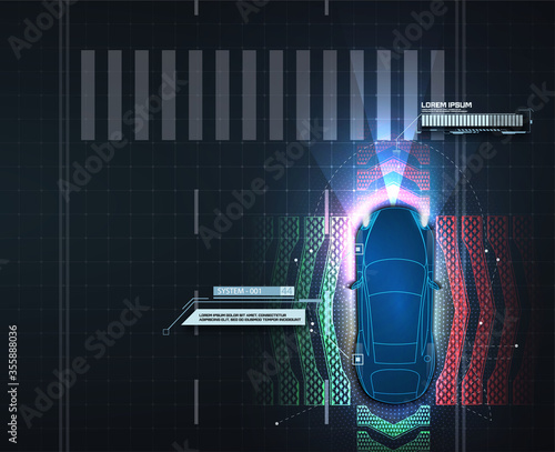 Automatic braking system avoid car crash from car accident. Concept for driver assistance systems. Autonomous car. Driverless car. Self driving vehicle. Future concepts smart auto. Scans the road