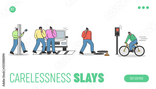 Landing page, pedestrian accidents. Careless people with phones walking, bicycling or crossing road