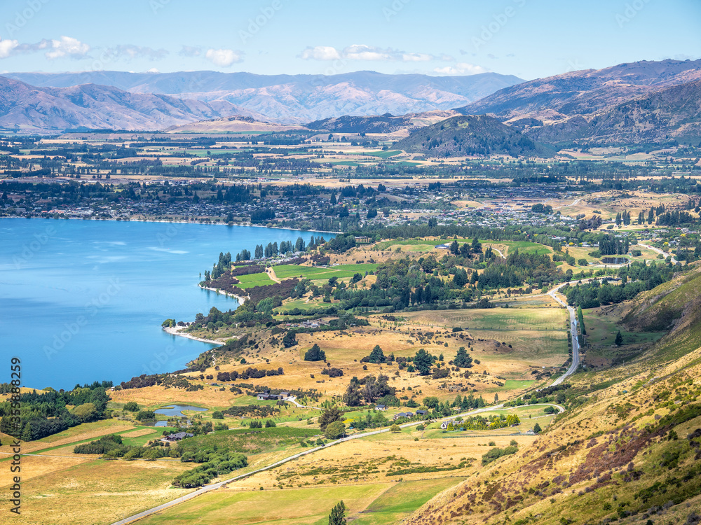 Aerial view of Wanaka Lake from Roys Peak in New Zealand.