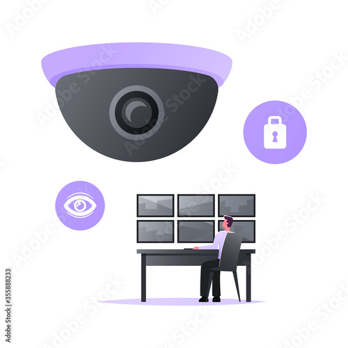 Man Safeguard Sitting at Huge Video Camera Looking at Multiple Monitors. Security Character Use Surveillance System, Technology for Protection Property, Monitoring Control. Cartoon Vector Illustration