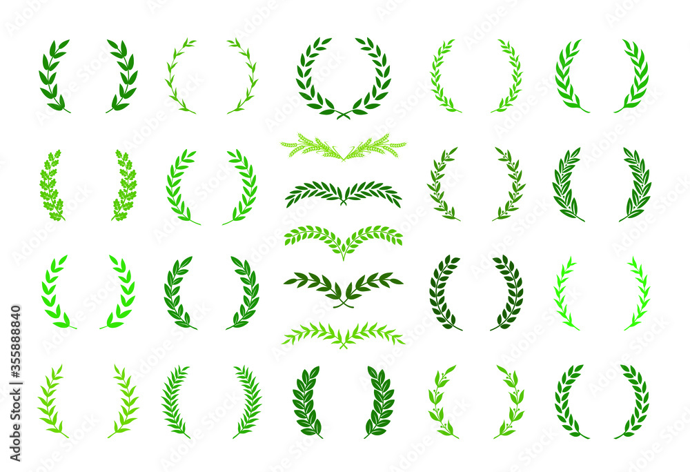 Set of green silhouette laurel foliate, olive and wheat wreaths depicting an award, achievement, heraldry, nobility, decoration, emblem. Vector illustration. Set of green silhouette laurel foliate, olive and wheat wreaths depicting an award, achievement, heraldry, nobility, decoration, emblem. Vector illustration.