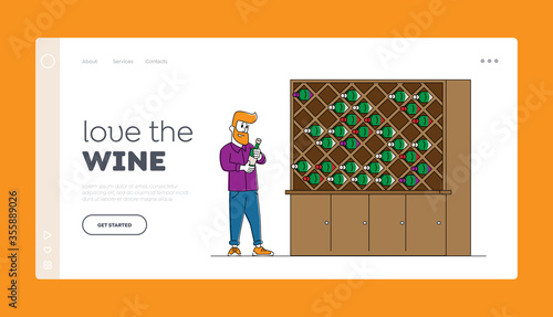 Winemaking Industry Wine Degustation Landing Page Template. Winemaker or Taster Character Stand at Wooden Shelf with Wine Bottles Choose Drink and Read Label on Glass Flask. Linear Vector Illustration
