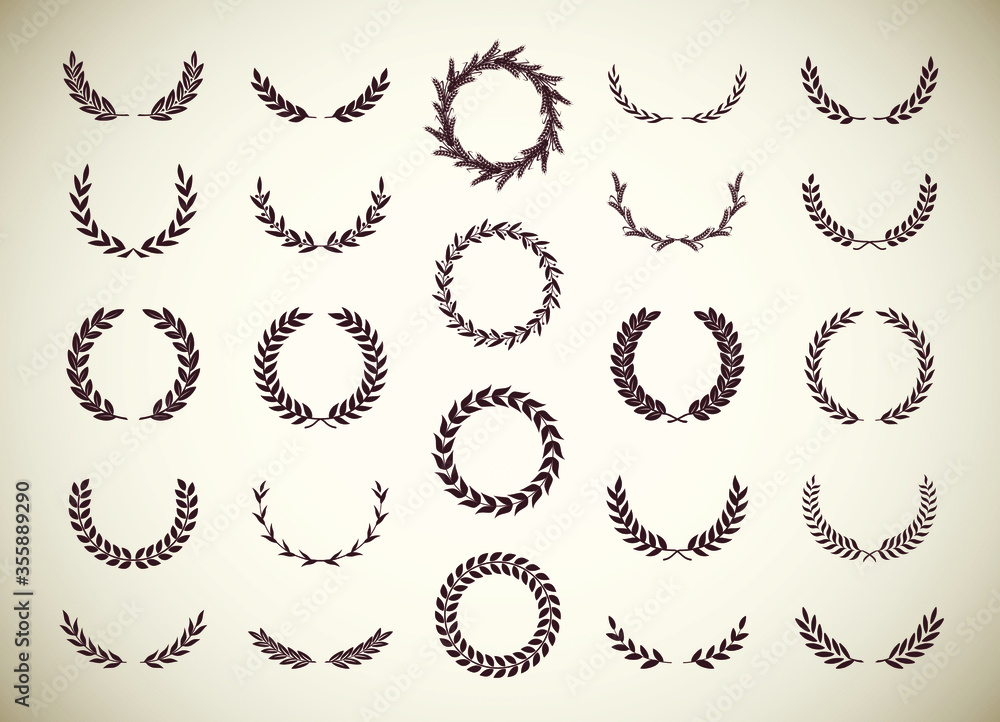 Obraz premium Set of different vintage silhouette laurel foliate, olive and wheat wreaths depicting an award, achievement, heraldry, nobility, emblem. Vector illustration.