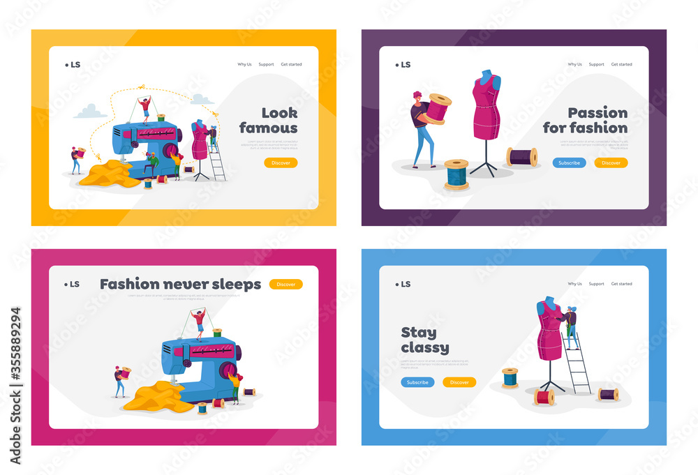 Tailor Textile Craft Business Landing Page Template Set. Creative Atelier, Dressmakers Characters Create Apparel on Sewing Machine, Assistant Working with Mannequin. Cartoon People Vector Illustration