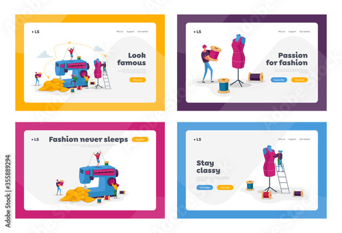 Tailor Textile Craft Business Landing Page Template Set. Creative Atelier, Dressmakers Characters Create Apparel on Sewing Machine, Assistant Working with Mannequin. Cartoon People Vector Illustration