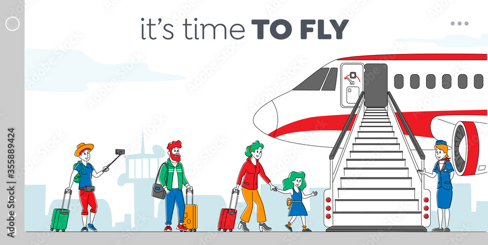 Characters Boarding on Airplane Landing Page Template. People Stand in Queue on Plane in Airport. Passengers and Stewardess Stand at Jet Ladder to Board for Air Travel. Linear Vector Illustration Characters Boarding on Airplane Landing Page Template. People Stand in Queue on Plane in Airport. Passengers and Stewardess Stand at Jet Ladder to Board for Air Travel. Linear Vector Illustration