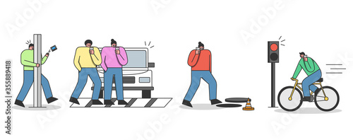 Pedestrian accidents set. Group of people with phones in danger walking, bicycling or crossing road