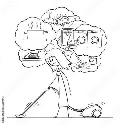 Vector cartoon stick figure drawing conceptual illustration of tired woman vacuuming or cleaning the floor, or carpet with vacuum cleaner or hoover and thinking about other household works to do.