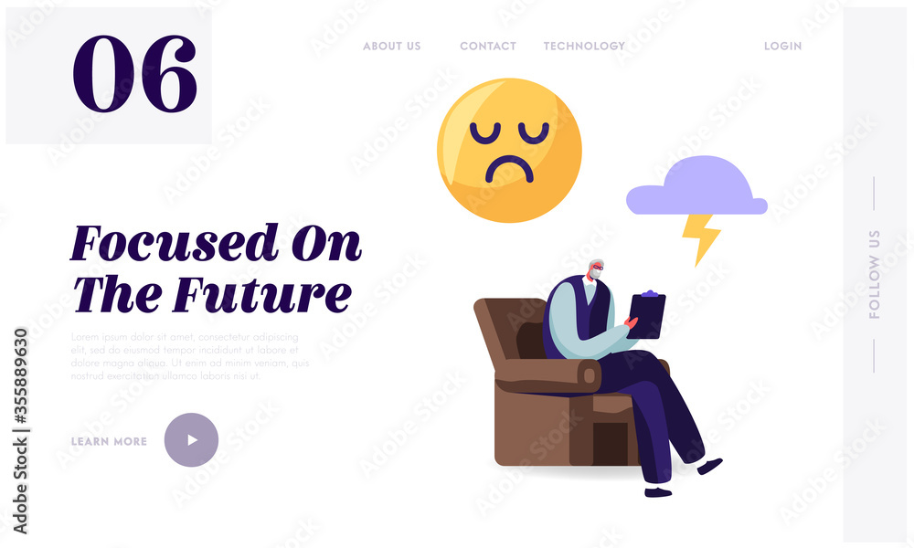 Doctor Treat Bipolar Disorder, Professional Consultation Landing Page Template. Psychiatrist Character Write in Notebook with Sad Smile and Flashlight in Cloud above Head. Cartoon Vector Illustration Doctor Treat Bipolar Disorder, Professional Consultation Landing Page Template. Psychiatrist Character Write in Notebook with Sad Smile and Flashlight in Cloud above Head. Cartoon Vector Illustration
