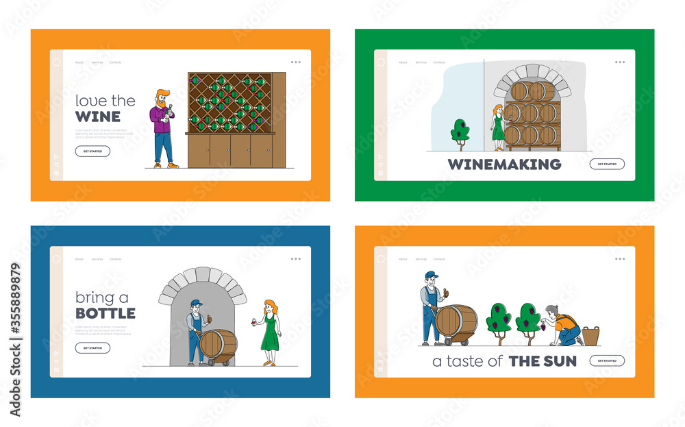Winemaking Landing Page Template Set. Wine Producing and Drinking. Man with Bottle, Woman Drink Wine, Stomping. Organic Grapes, People Produce Natural Vine Production. Linear Vector Illustration