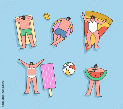 Group of people floating on inflatable mattresses in swimming pool or sea enjoy summer recreation