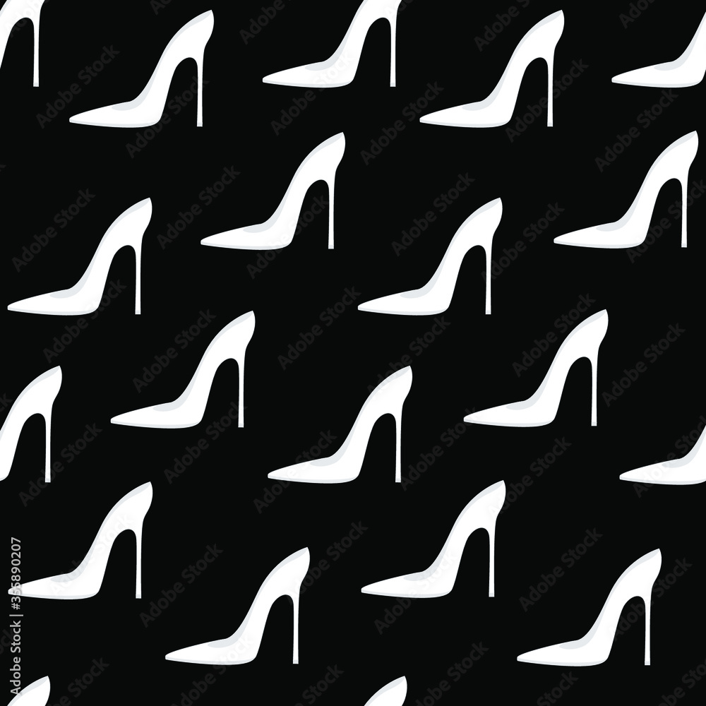 White elegant fashilonable high heeled women shoes on black background. Seamless pattern. Vector illustration White elegant fashilonable high heeled women shoes on black background. Seamless pattern. Vector illustration