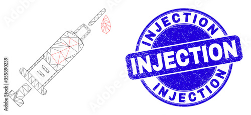 Web mesh blood syringe icon and Injection seal. Blue vector rounded grunge seal stamp with Injection caption. Abstract frame mesh polygonal model created from blood syringe icon.