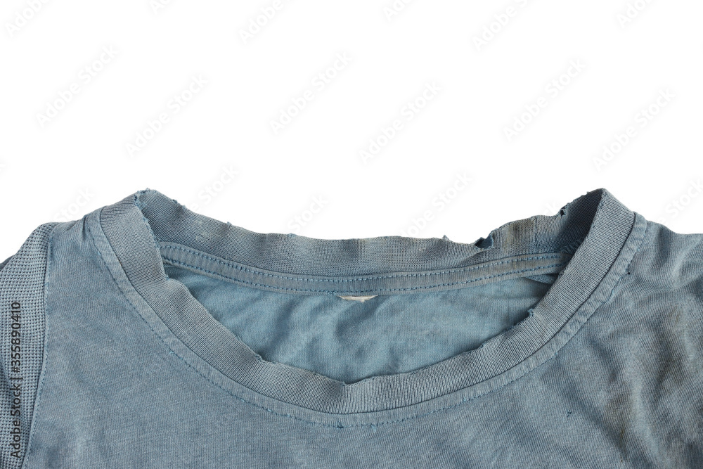 Frayed top and collar of an old dirty torn t-shirt, isolated on white  background. Crumpled blue gray rag with brown spots. Grunge background with  copy space. Stock Photo | Adobe Stock
