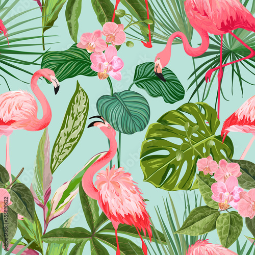 Tropical Background with Flamingo and Palm Leaves. Green Plants Paper or Textile Print, Rainforest Decorative Wallpaper Ornament. Seamless Pattern, Exotic Tropic Wrapping Paper. Vector Illustration