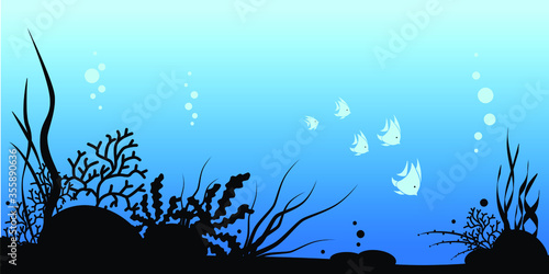 Blue underwater life pattern with bubbles and marine creatures. Vector illustration.