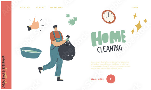 Cleaning Service Landing Page Template. Man at Household Activities. Male Character Cleaning Home Collecting and Throw Garbage into Plastic Sack. Housekeeping Management. Linear Vector Illustration