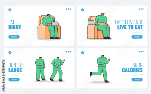 Man weight loss steps. Lazy fat guy running to slim shape loosing mass