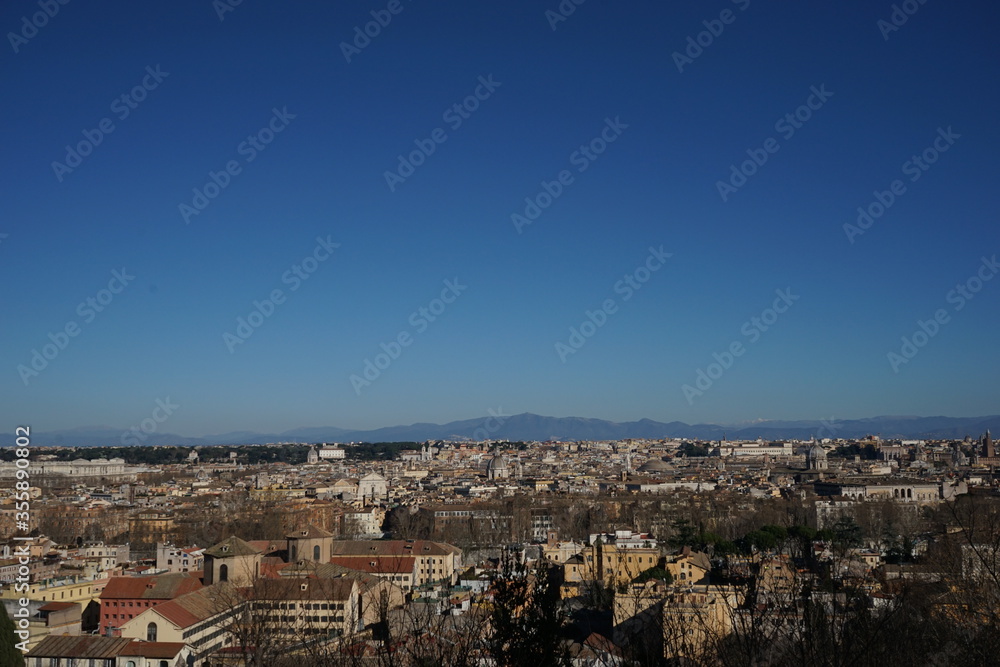 Aerial panoramic view of Rome from the Gianicolo Terrace in Italy. Skyline of old Roma city.	