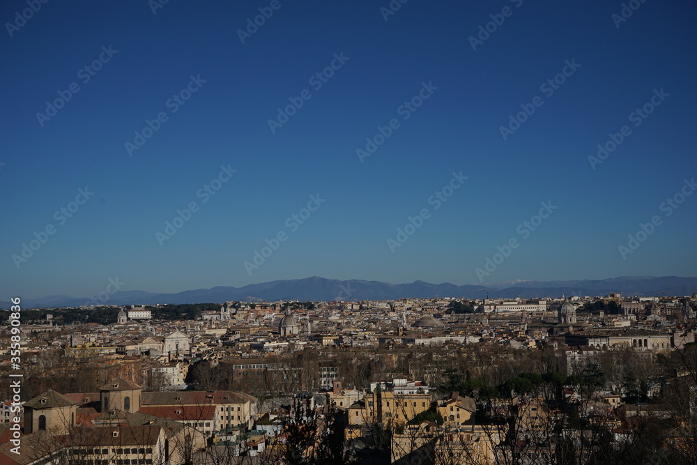Aerial panoramic view of Rome from the Gianicolo Terrace in Italy. Skyline of old Roma city - ローマの街並み ジャニコロの丘から イタリア