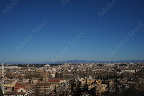 Aerial panoramic view of Rome from the Gianicolo Terrace in Italy. Skyline of old Roma city. 