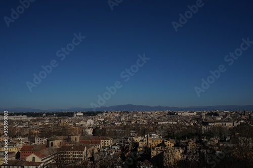 Aerial panoramic view of Rome from the Gianicolo Terrace in Italy. Skyline of old Roma city. 