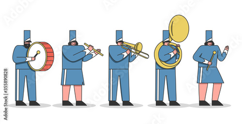 Marching band cartoons. Military orchestra members with music instruments wearing uniform