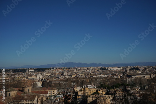 Aerial panoramic view of Rome from the Gianicolo Terrace in Italy. Skyline of old Roma city -                                                               