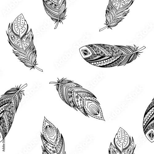 Hand drawn creative feather seamless pattern for coloring. Vector artistic illustration.