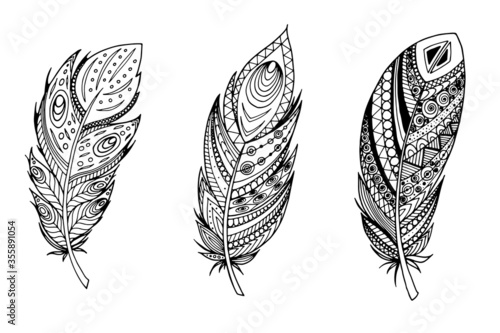 Hand drawn creative feather set for coloring. Vector artistic illustration.