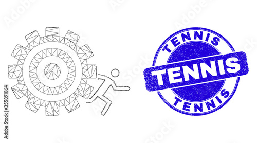 Web mesh man escape progress wheel pictogram and Tennis seal. Blue vector rounded grunge seal with Tennis title. Abstract frame mesh polygonal model created from man escape progress wheel pictogram.