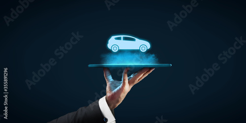 Intelligent car, intelligent vehicle and smart cars concept with smart phones. Symbol of the car and information via wireless communication with smart phoe. photo