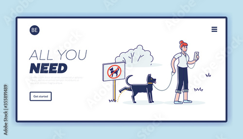 Clean after your dog banner. Template landing page with cartoon woman ignore picking waste rule